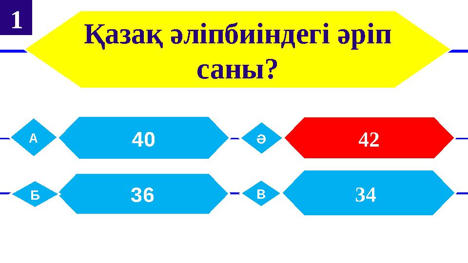 Қазақ әліпбиіндегі әріп саны? 40А 42Ә 36Б 34 В 1