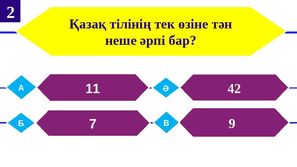 Қазақ тілінің тек өзіне тән неше әрпі бар? 11А 42Ә 7Б 9 В 2