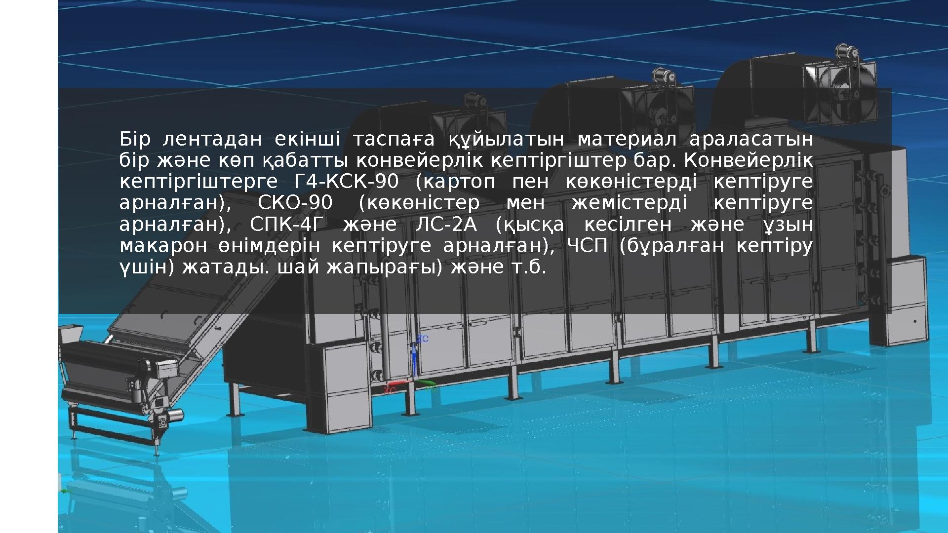 Бір лентадан екінші таспаға құйылатын материал араласатын бір және көп қабатты конвейерлік кептіргіштер бар. Конвейерлік