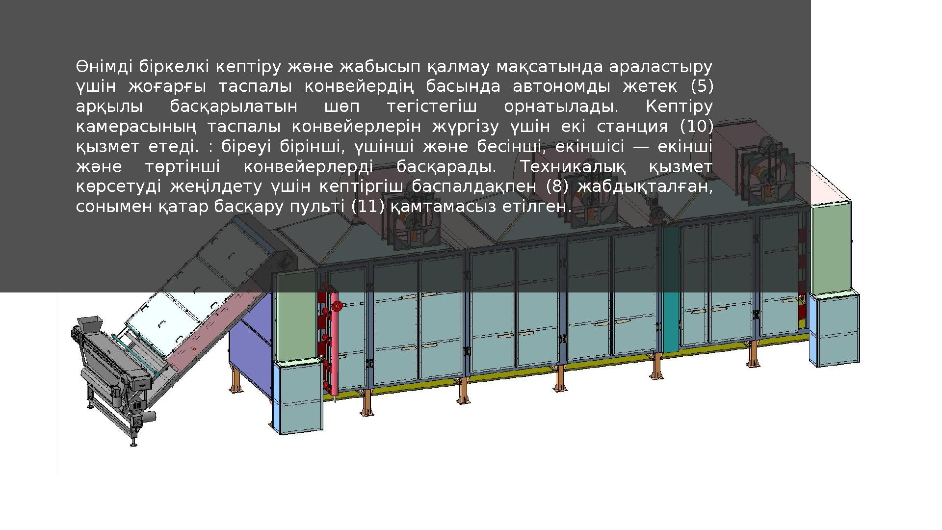 Өнімді біркелкі кептіру және жабысып қалмау мақсатында араластыру үшін жоғарғы таспалы конвейердің басында автономды жете
