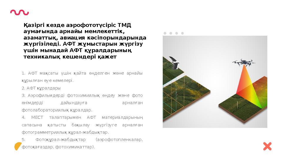 1. АФТ мақсаты үшін қайта өңделген және арнайы құрылған әуе кемелері. 2. АФТ құралдары 3. Аэрофильмдерді фотохимиялық