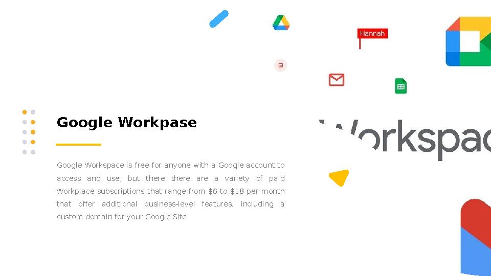 Google Workpase Google Workspace is free for anyone with a Google account to access and use, but there there are a vari