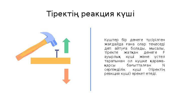 Т іректің реакция күші Күштер бір денеге түсірілген жағдайда ғана олар теңеседі деп айтуға болады, мысалы, тіректе