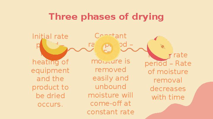 Three phases of drying Initial rate period – initial heating of equipment and the product to be dried occurs. Constant