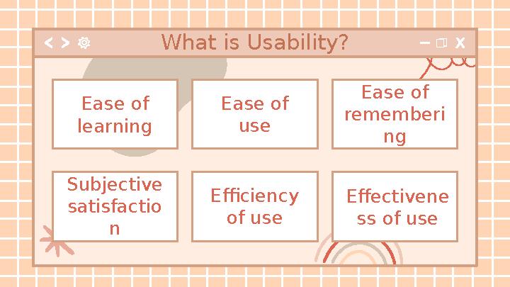 What is Usability? Subjective satisfactio n Efficiency of use Effectivene ss of useEase of learning Ease of use Ease of rem