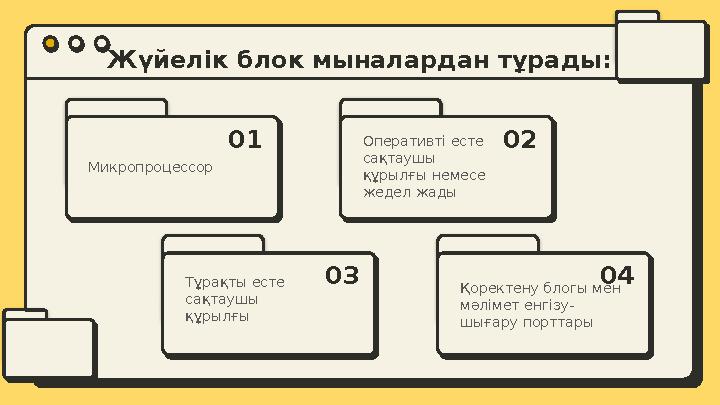 Микропроцессор Жүйелік блок мыналардан тұрады: 01 Оперативті есте сақтаушы құрылғы немесе жедел жады 02 Тұрақты есте сақтауш