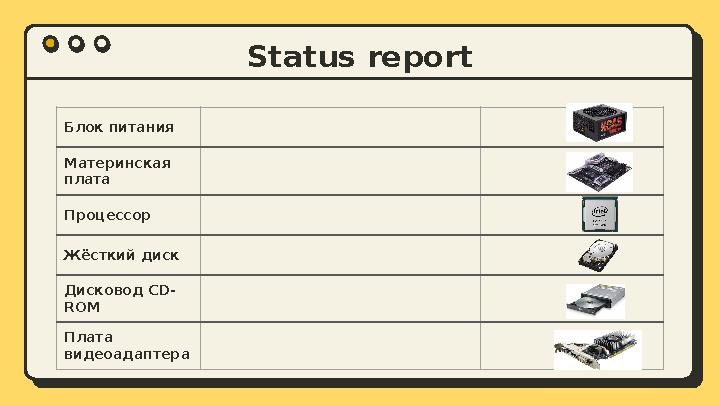 Status report Блок питания Материнская плата Процессор Жёсткий диск Дисковод CD- ROM Плата видеоадаптера