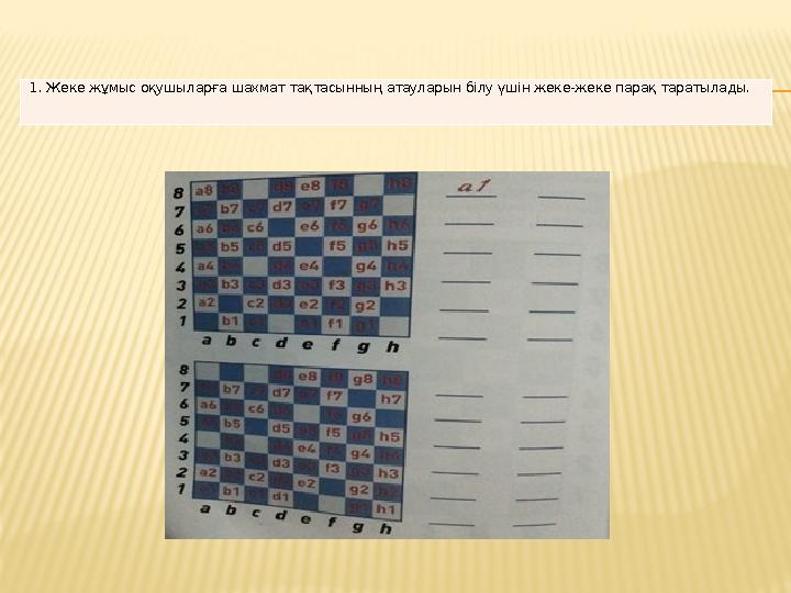 1. Жеке жұмыс оқушыларға шахмат тақтасынның атауларын білу үшін жеке-жеке парақ таратылады.