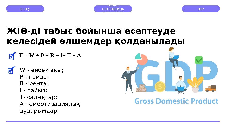 Елтану Кешенді географиялық аудандастыру ЖІӨ Ү = W + Р + R + I+ Т + АЖІӨ-ді табыс бойынша есептеуде келесідей өлшемдер қо
