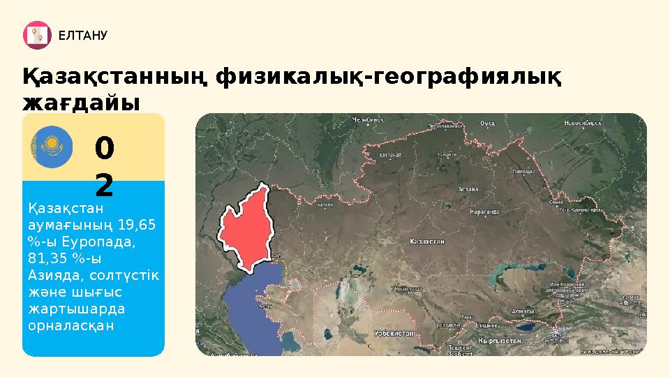ЕЛТАНУ Қазақстанның физикалық-географиялық жағдайы Қазақстан аумағының 19,65 %-ы Еуропада, 81,35 %-ы Азияда, солтүстік жән