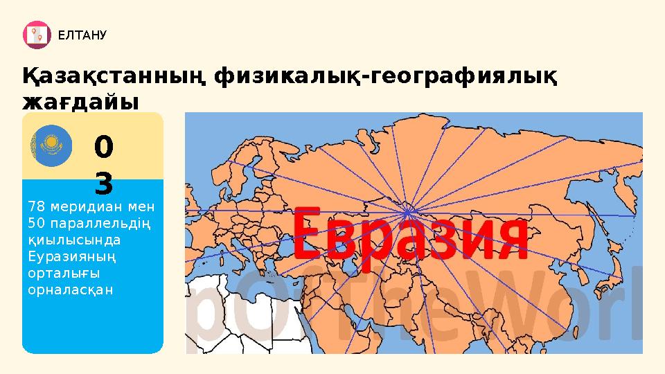 ЕЛТАНУ Қазақстанның физикалық-географиялық жағдайы 78 меридиан мен 50 параллельдің қиылысында Еуразияның орталығы орналасқ