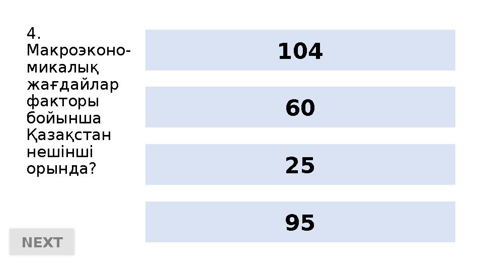 4. Макроэконо- микалық жағдайлар факторы бойынша Қазақстан нешінші орында? 25104 9560 NEXT