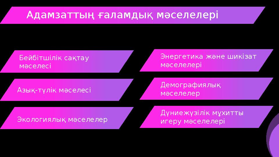 Бейбітшілік сақтау мәселесі Азық-түлік мәселесі Экологиялық мәселелер Энергетика және шикізат мәселелері Демографиялық мәселе