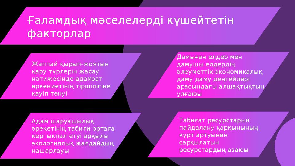 Ғаламдық мәселелерді күшейтетін факторлар Жаппай қырып-жоятын қару түрлерін жасау нәтижесінде адамзат өркениетінің тіршілігі