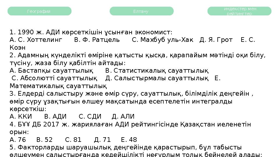 География Елтану индекстер мен рейтингтер 1. 1990 ж. АДИ көрсеткішін ұсынған экономист: А. С. Хоттелинг В. Ф. Ратцель