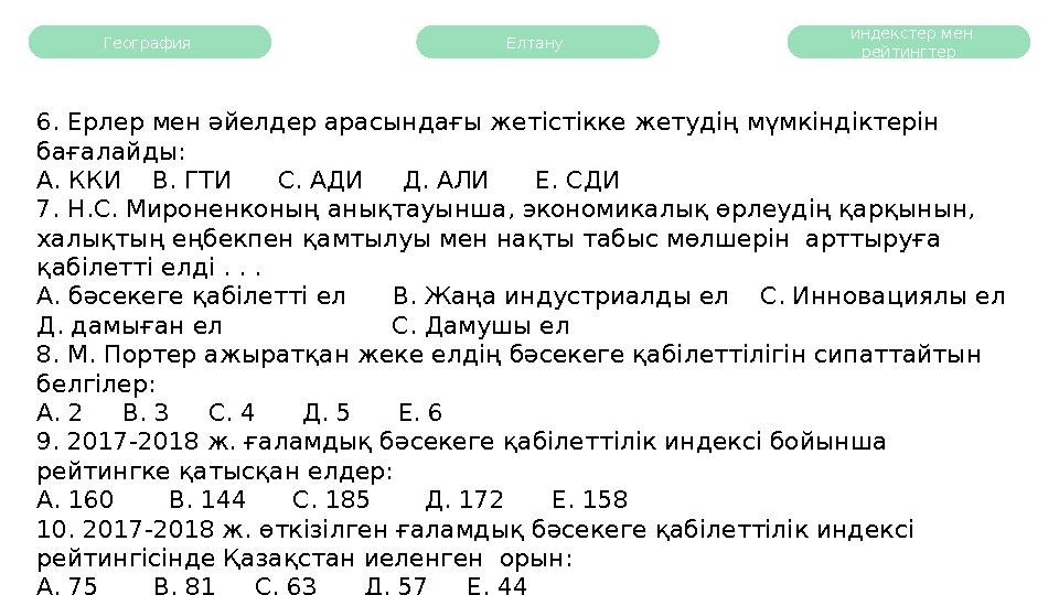 География Елтану индекстер мен рейтингтер 6. Ерлер мен әйелдер арасындағы жетістікке жетудің мүмкіндіктерін бағалайды: А.