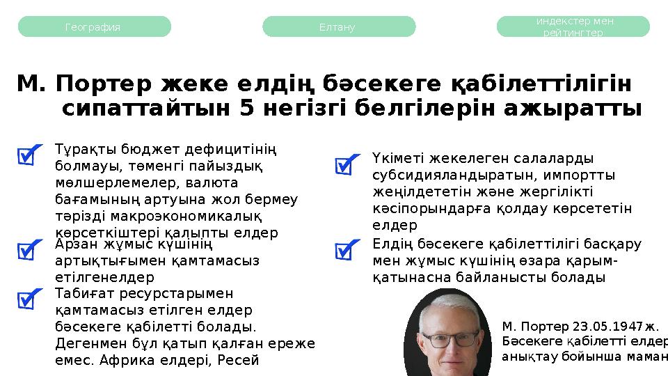 География М. Портер жеке елдің бәсекеге қабілеттілігін сипаттайтын 5 негізгі белгілерін ажыратты Елтану индекстер мен рейт