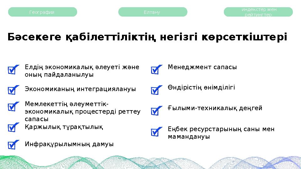 География Бәсекеге қабілеттіліктің негізгі көрсеткіштері Елтану индекстер мен рейтингтер Елдің экономикалық әлеуеті және о