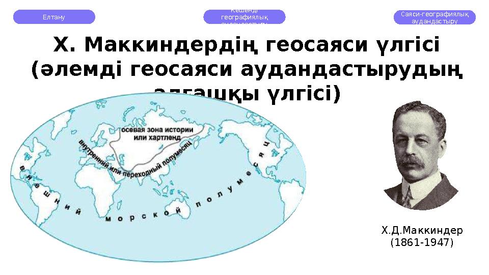 Х. Маккиндердің геосаяси үлгісі (әлемді геосаяси аудандастырудың алғашқы үлгісі) Х.Д.Маккиндер (1861-1947)Елтану Кешенді гео