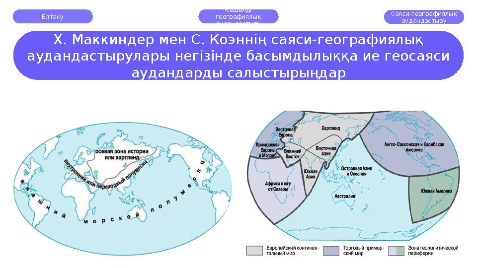 Елтану Кешенді географиялық аудандастыру Саяси-географиялық аудандастыру Х. Маккиндер мен С. Коэннің саяси-географиялық ауда