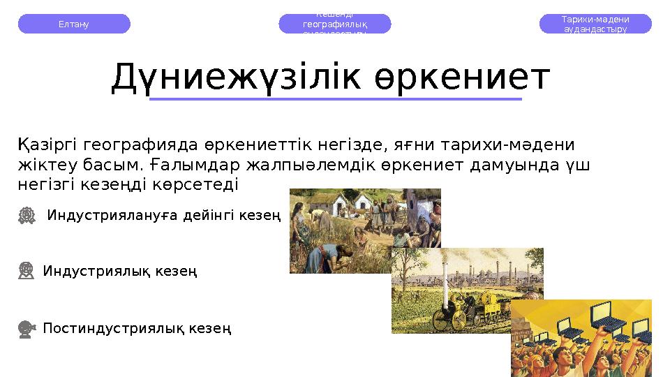 Елтану Кешенді географиялық аудандастыру Тарихи-мәдени аудандастыру Дүниежүзілік өркениет Қазіргі географияда өркениеттік не