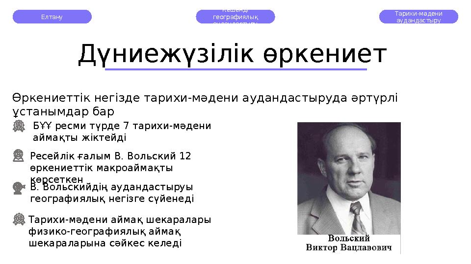 Елтану Кешенді географиялық аудандастыру Тарихи-мәдени аудандастыру Дүниежүзілік өркениет Өркениеттік негізде тарихи-мәдени