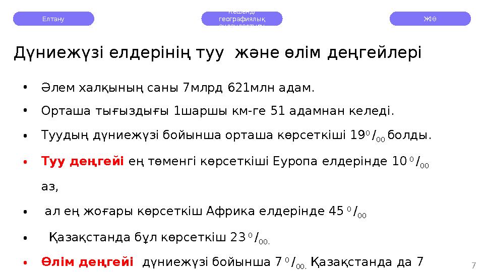 Дүниежүзі елдерінің туу және өлім деңгейлері • Әлем халқының саны 7млрд 621млн адам. • Орташа тығыздығы 1шаршы км-ге 51 адамна