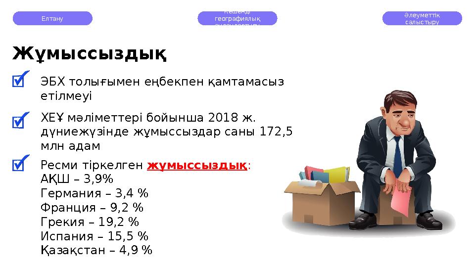 Елтану Кешенді географиялық аудандастыру Әлеуметтік салыстыру Жұмыссыздық ЭБХ толығымен еңбекпен қамтамасыз етілмеуі ХЕҰ мәл
