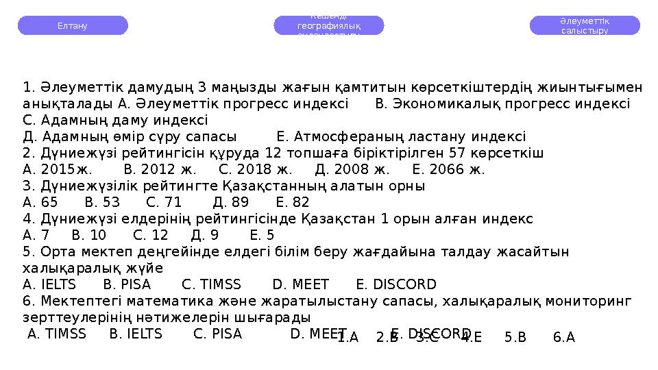 Елтану Кешенді географиялық аудандастыру Әлеуметтік салыстыру 1. Әлеуметтік дамудың 3 маңызды жағын қамтитын көрсеткіштердің