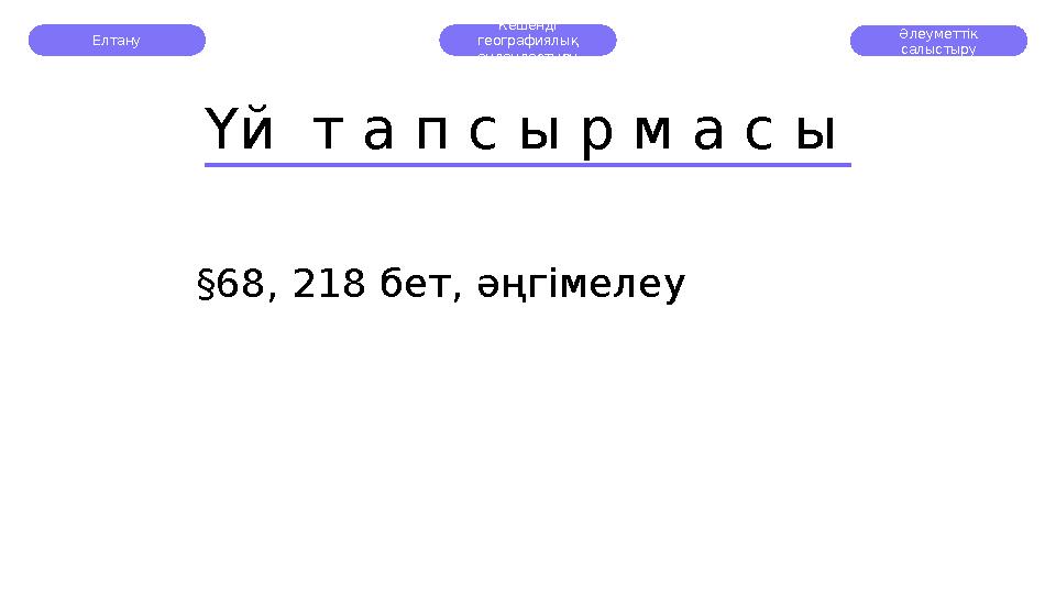 Елтану Кешенді географиялық аудандастыру Үй т а п с ы р м а с ы § 68, 218 бет, әңгімелеу Әлеуметтік салыстыру