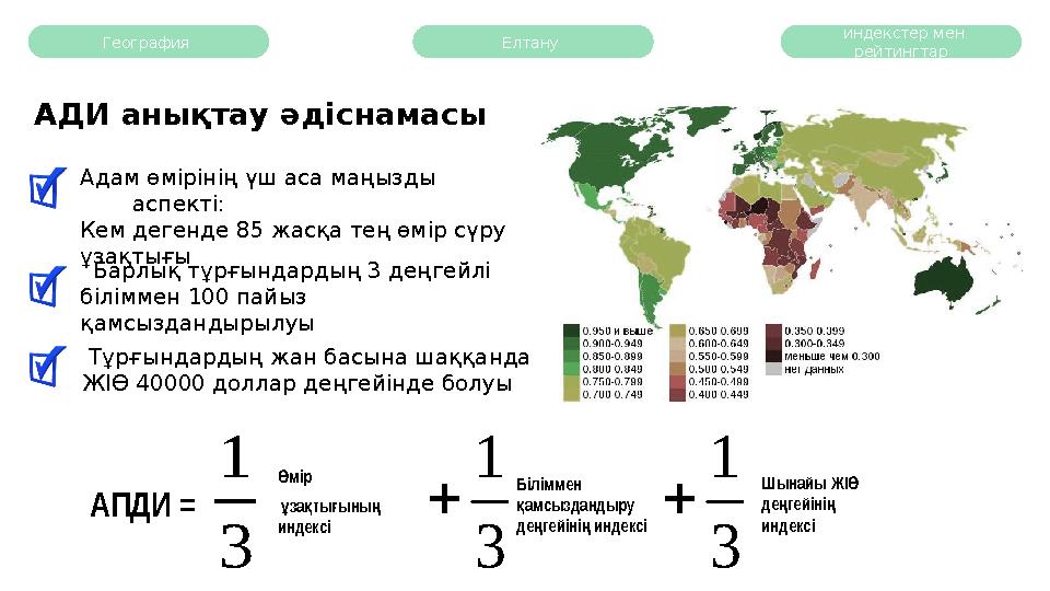География АДИ анықтау әдіснамасы АПДИ = мірӨ за ты ыны ұ қ ғ ң индексі 3 1 3 1  Біліммен амсыздандыру қ де гейіні