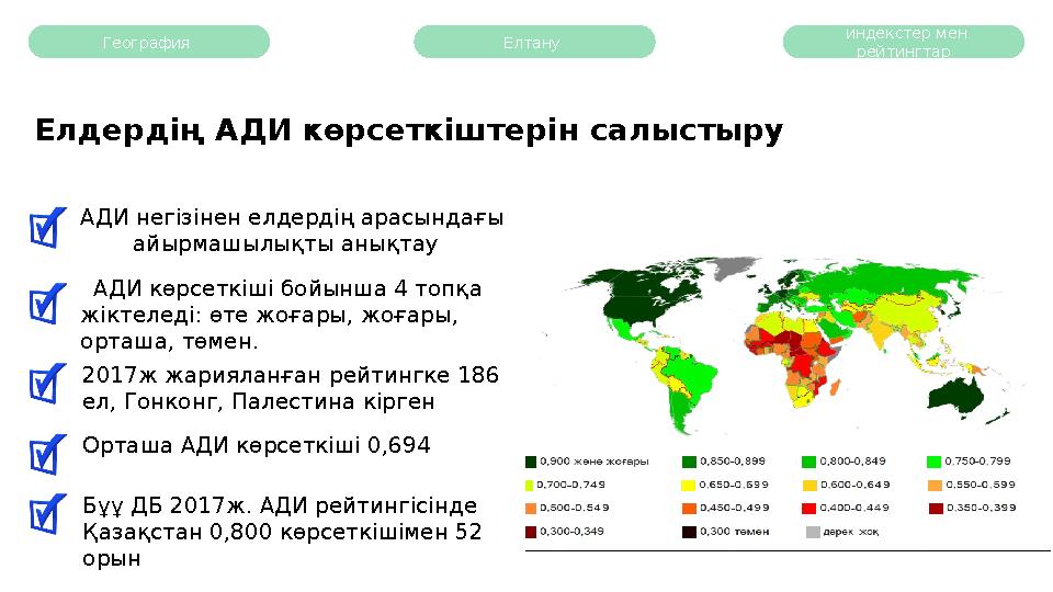 География Елдердің АДИ көрсеткіштерін салыстыру 2017ж жарияланған рейтингке 186 ел, Гонконг, Палестина кіргенАДИ негізінен е