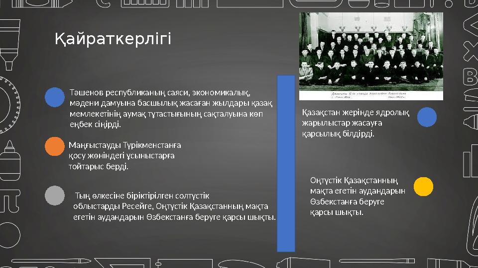 Қайраткерлігі Тәшенов республиканың саяси, экономикалық, мәдени дамуына басшылық жасаған жылдары қазақ мемлекетінің аумақ тұта