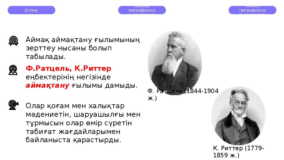 Елтану Кешенді географиялық аудандастыру Физико- географиялық аудандастыру К. Риттер (1779- 1859 ж.)Ф. Ратцель (1844-1904 ж.