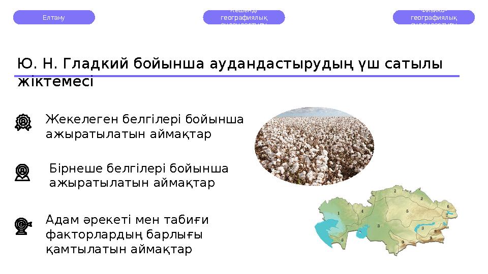 Елтану Кешенді географиялық аудандастыру Физико- географиялық аудандастыру Ю. Н. Гладкий бойынша аудандастырудың үш сатылы ж