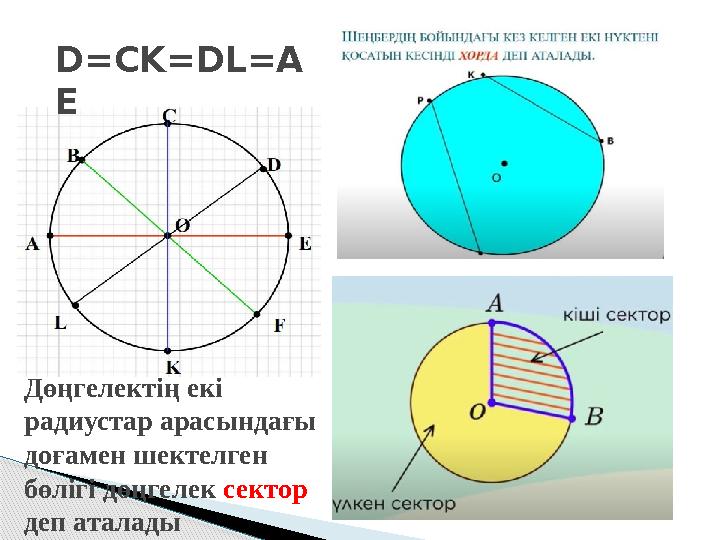 Дөңгелектің екі радиустар арасындағы доғамен шектелген бөлігі дөңгелек сектор деп аталады D=CK=DL=A E