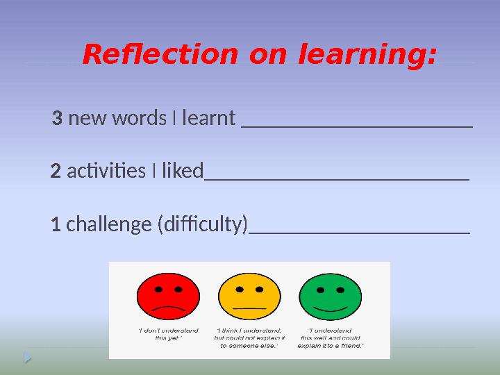Reflection on learning: 3 new words I learnt _____________________ 2 activities I liked________________________ 1 cha