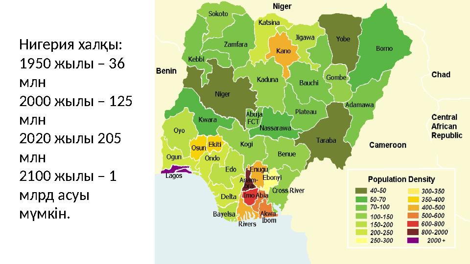 Нигерия халқы: 1950 жылы – 36 млн 2000 жылы – 125 млн 2020 жылы 205 млн 2100 жылы – 1 млрд асуы мүмкін.