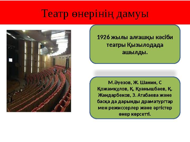 Театр өнерінің дамуы 1926 жылы алғашқы кәсіби театры Қызылодада ашылды. М.Әуезов, Ж. Шанин, С Қожамқұлов, Қ. Қуанышбаев, Қ.
