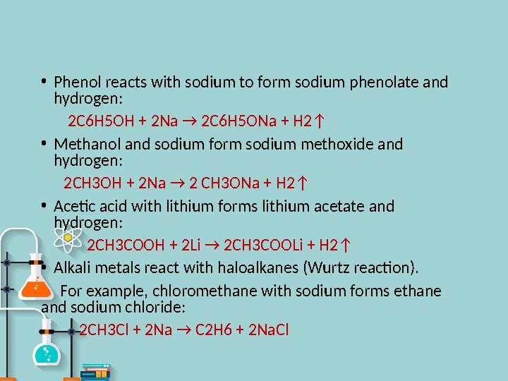 • Phenol reacts with sodium to form sodium phenolate and hydrogen: 2C6H5OH + 2Na → 2C6H5ONa + H2↑ • Methanol and sodium