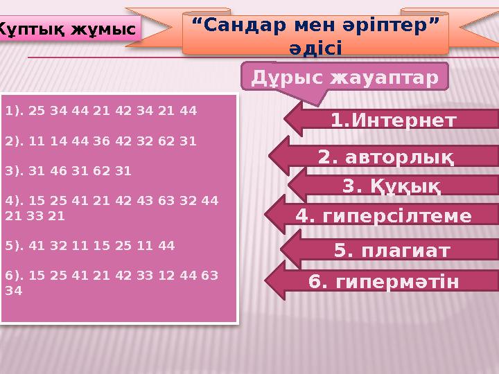 “ Сандар мен әріптер” әдісі Жұптық жұмыс Дұрыс жауаптар 1.Интернет 3. Құқық 2. авторлық 5. плагиат 4. гиперсілтеме 6. гипер