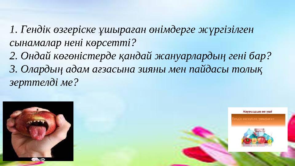 1. Гендік өзгеріске ұшыраған өнімдерге жүргізілген сынамалар нені көрсетті? 2. Ондай көгөністерде қандай жануарлардың гені бар?