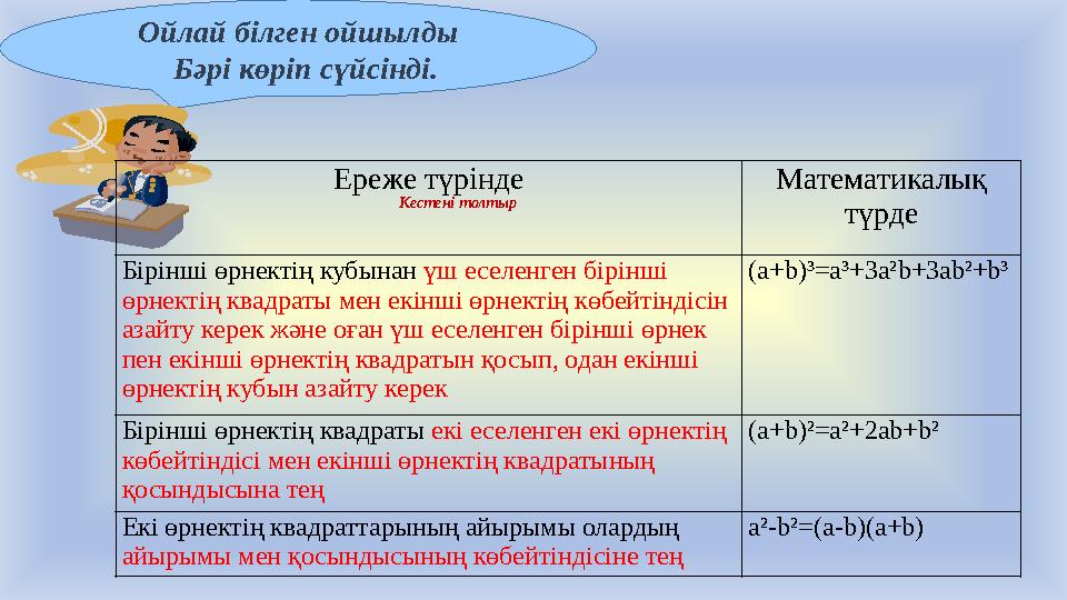 Ойлай білген ойшылды Бәрі көріп сүйсінді. Ереже түрінде Математикалық түрде Бірінші өрнектің кубынан үш еселенген бірінші