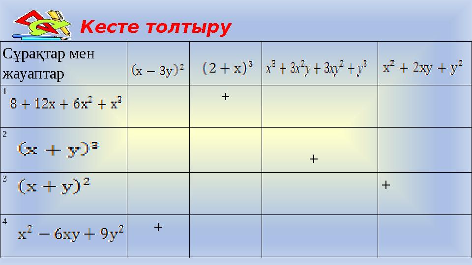 Кесте толтыру Сұрақтар мен жауаптар 1 + 2 + 3 +