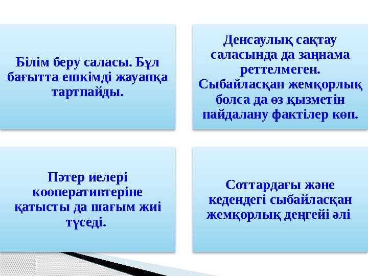 Білім беру саласы. Бұл бағытта ешкімді жауапқа тартпайды. Денсаулық сақтау саласында да заңнама реттелмеген. Сыбайлас