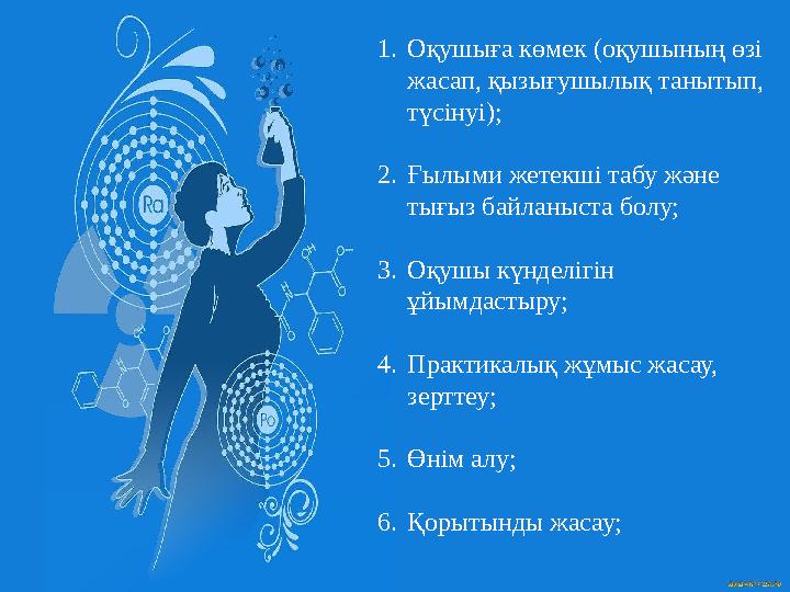 1.Оқушыға көмек (оқушының өзі жасап, қызығушылық танытып, түсінуі); 2.Ғылыми жетекші табу және тығыз байланыста болу; 3.Оқуш