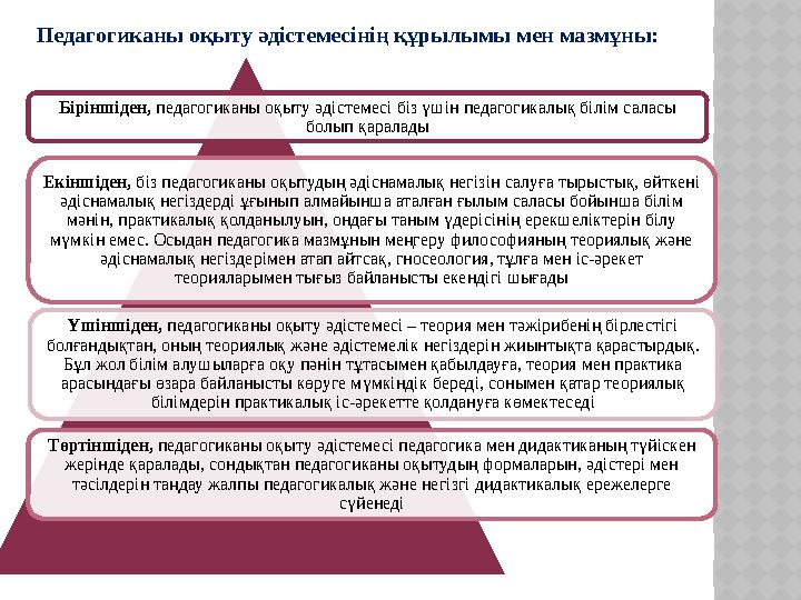 Педагогиканы оқыту әдістемесінің құрылымы мен мазмұны: Біріншіден, педагогиканы оқыту әдістемесі біз үшін педагогикалық білім