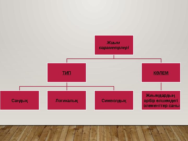 Жиым параметрлері ТИП Сандық Логикалық Символдық КӨЛЕМ Жиымдардың әрбір өлшемдегі элементтер саны
