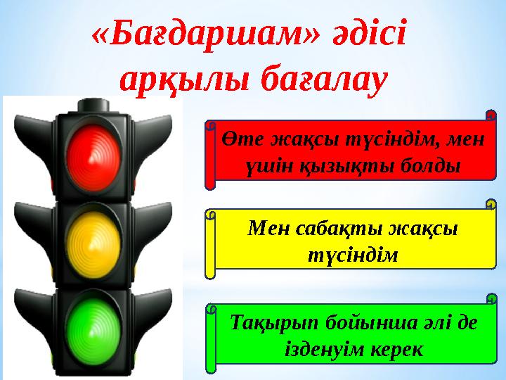 «Бағдаршам» әдісі арқылы бағалау Өте жақсы түсіндім, мен үшін қызықты болды Мен сабақты жақсы түсіндім Тақырып бойынша әлі де