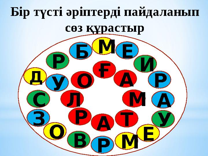 Бір түсті әріптерді пайдаланып сөз құрастыр О А Л А М Т Ғ Р М О Д Е М Б Р А З Е Р В ИР У С У